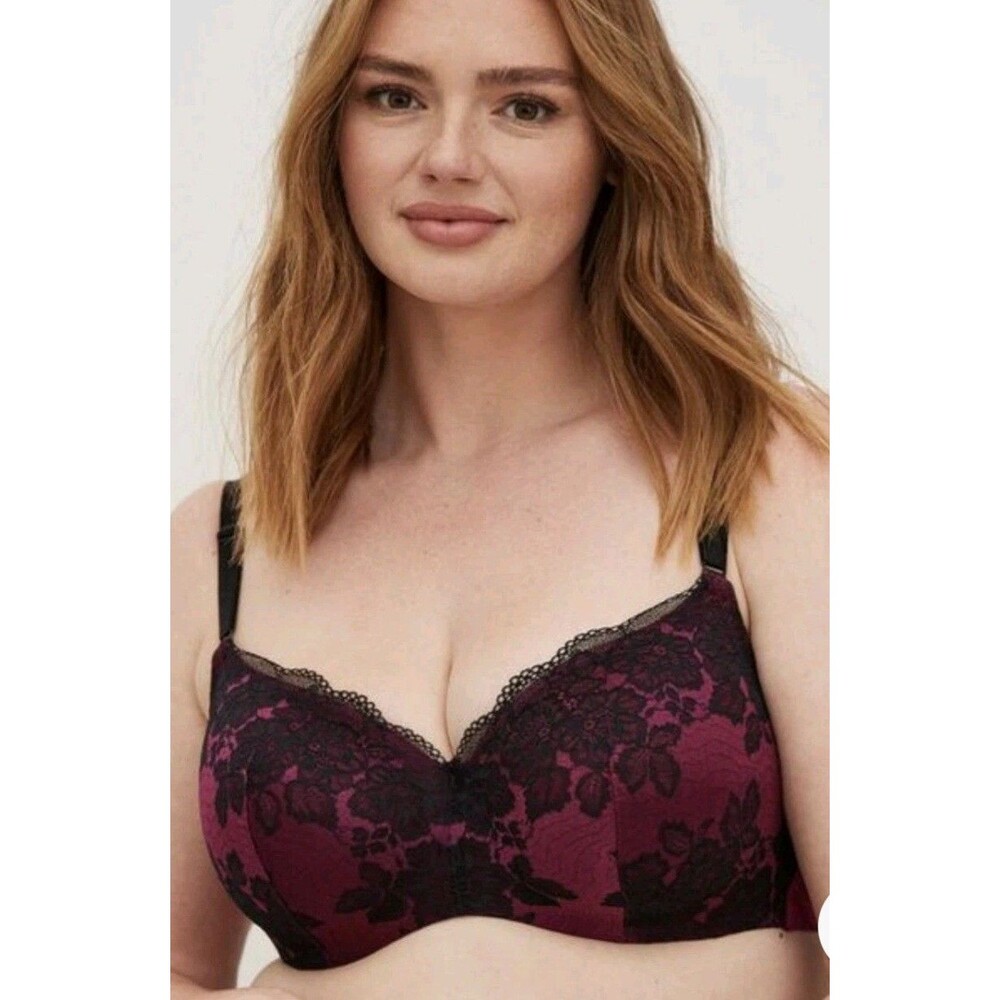 Romantic Lace Balconette Bra Torrid Curve 42DDD Burgundy Black Full Coverage UW